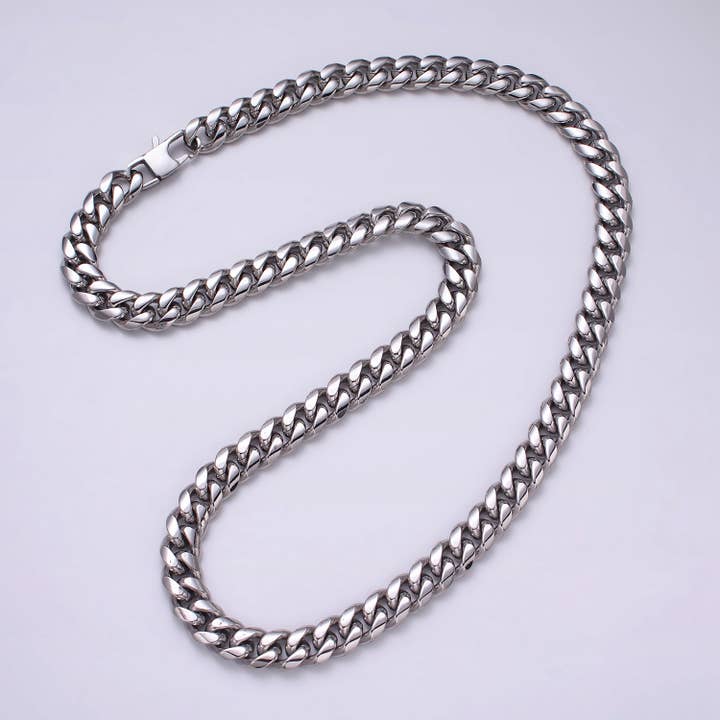 Silver Curb Chain Cuban Necklace for Men - Heavy Stainless Steel 10,12,14 mm Thickness 24.5 inch long for wholesale by Simply Jewels