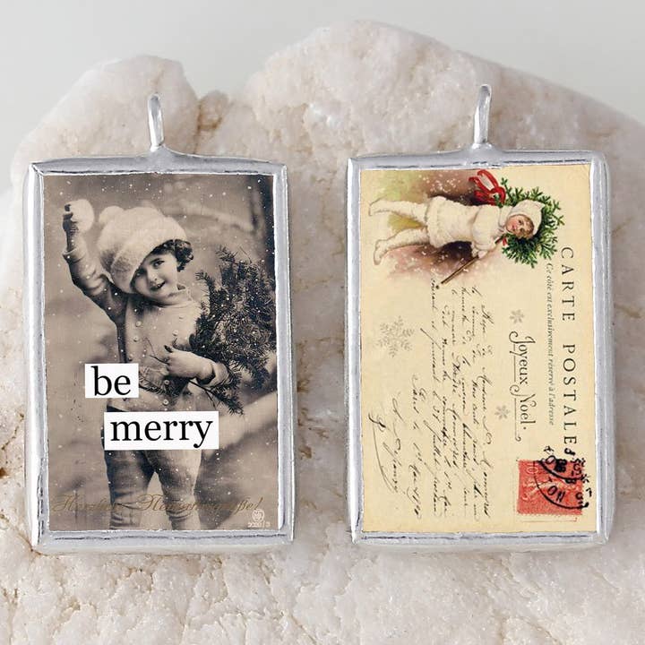 Be Merry Vintage Holiday Soldered Art Charm for wholesale by Jennifer Dahl Designs LLC