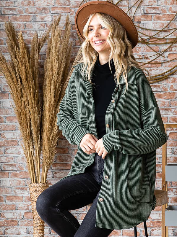 7th Ray - Wholesale Shirt Jacket/Shacket - Women's - Solid Rib Button Down Side Pockets Long Sleeve Shacket T5256