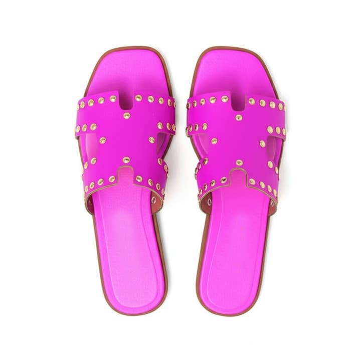 H sandals for women in REAL FUCHSIA LEATHER with studs for wholesale by WALKING NOW SRL