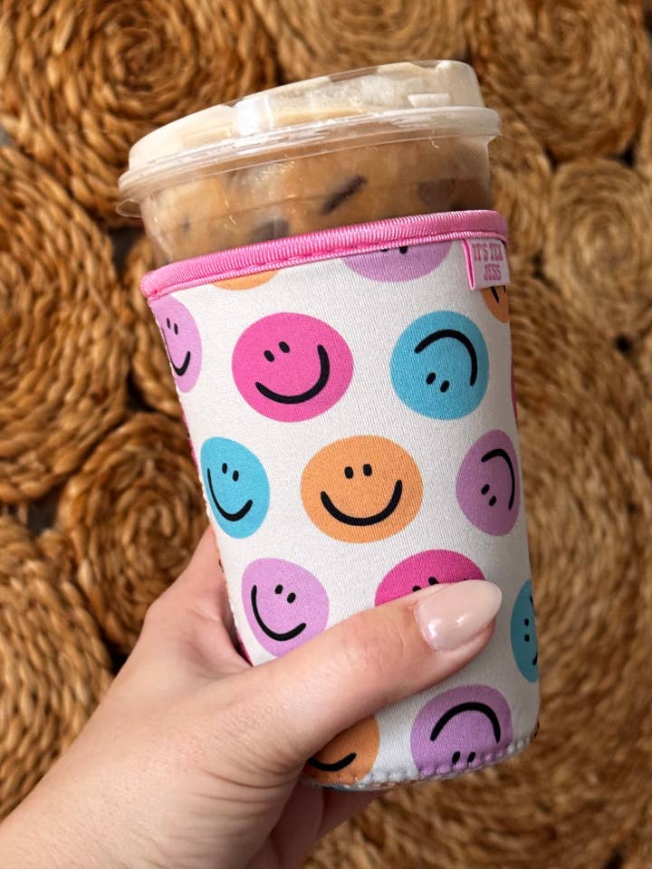 Iced Coffee Sleeve - Colorful Happy Faces for wholesale by It's Tex Jess