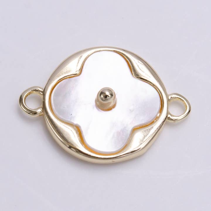 14K Gold Filled 11mm White Shell Pearl Quatrefoil Clover Round Connector | Y-751 for wholesale by Aim Eternal