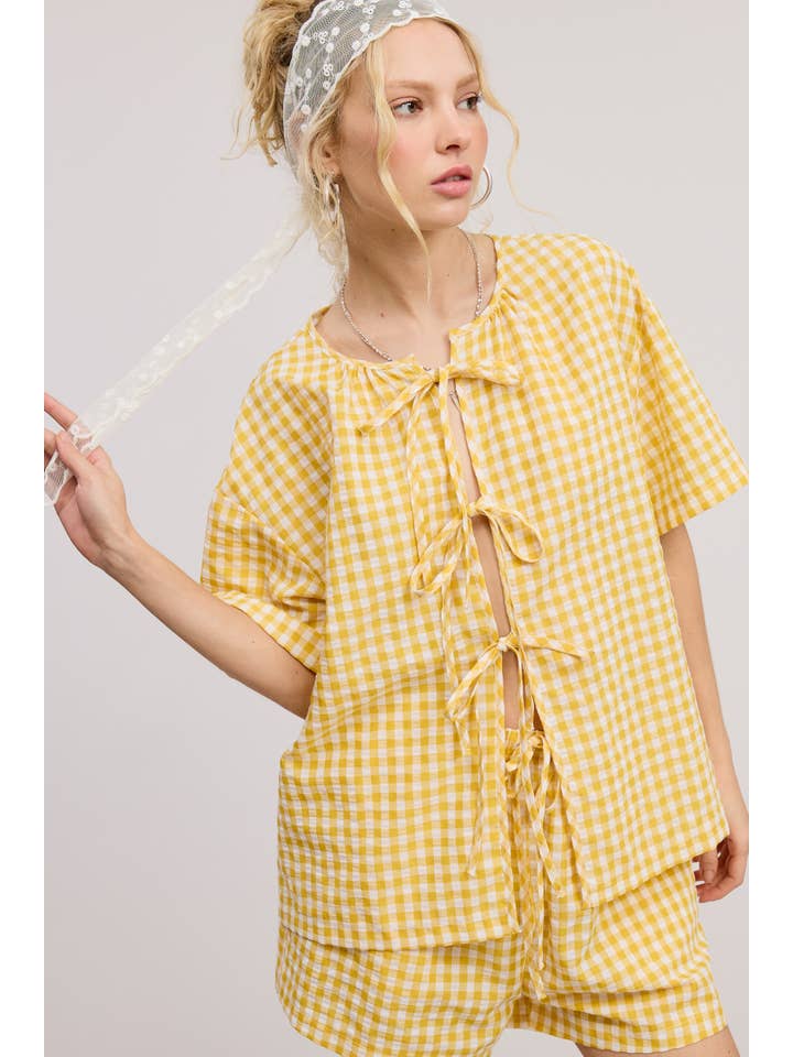 Mimosa - Wholesale Top & Short Set (NOT Loungewear) - Women's - Gingham Open Front Self Tie Top and Shorts Matching Set3