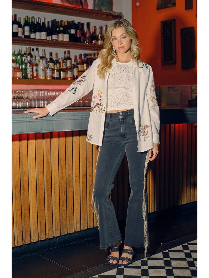 Blue B - Vendita all'ingrosso Camicia button down - Donna - Camicia in lino con bottoni e motivo ricamato da cowgirl western2