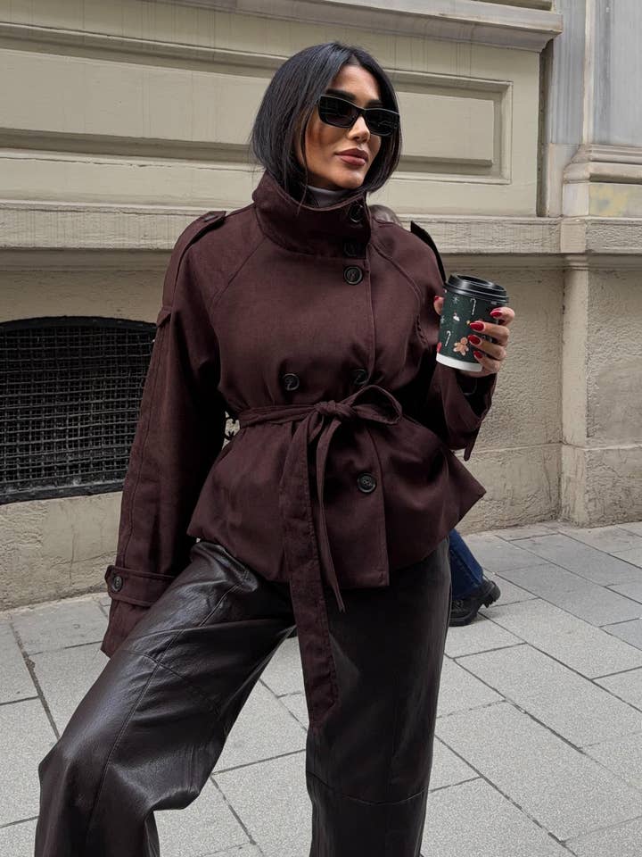 Brown Belted Faux Suede Belted Trenchcoat for wholesale by Design company-Fatma Balkir