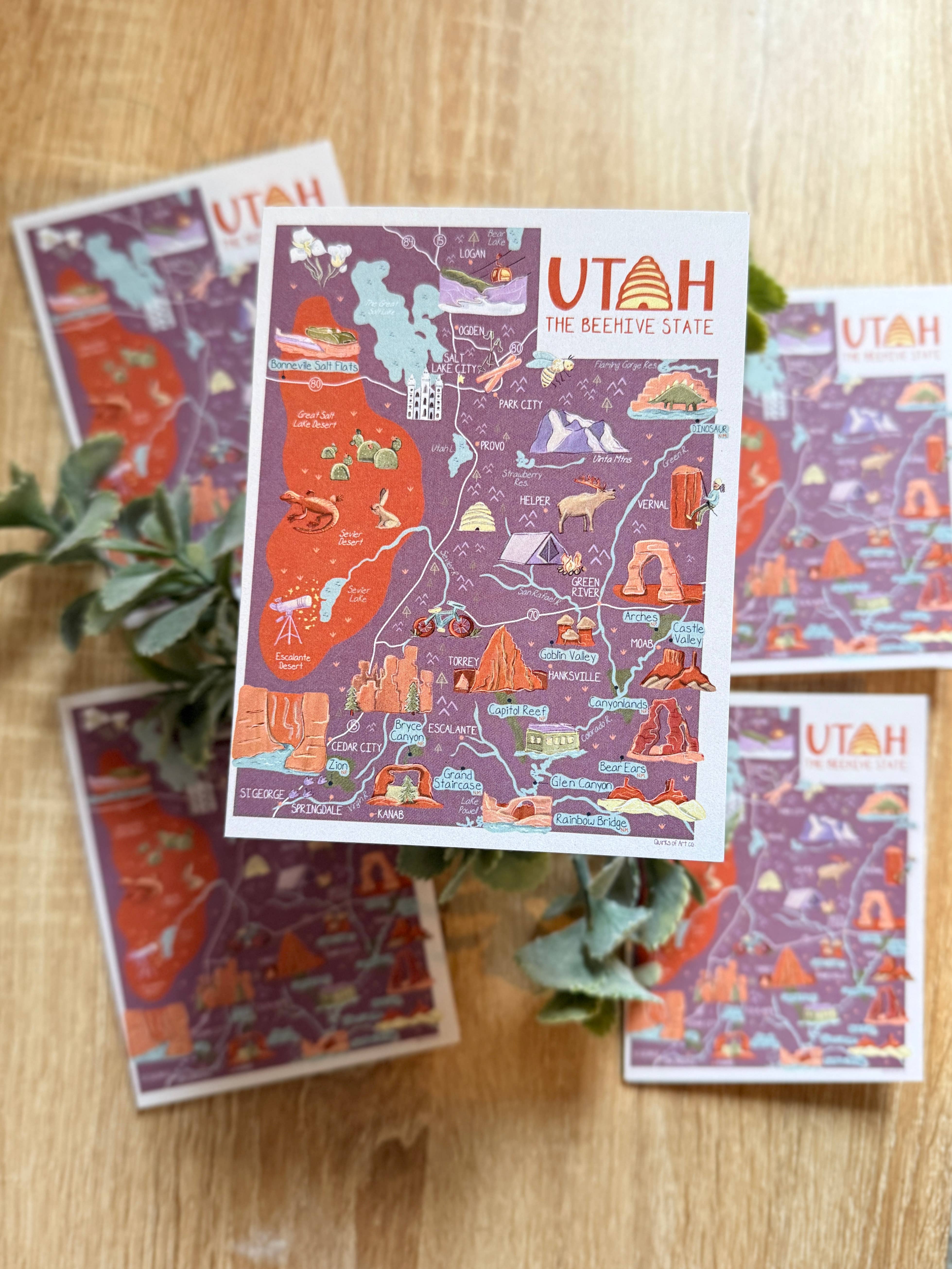 Quirks of Art co. - Wholesale Stationery/Notecard Set - Illustrated Utah Map Stationary | The Beehive State1