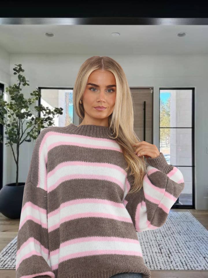 Pink & White Striped Oversized Knitted Jumper – Saffie for wholesale by Femme Luxe