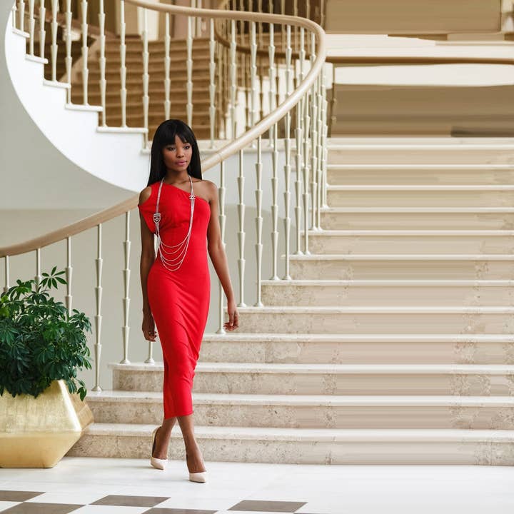 Vestido midi bodycon de un hombro Delhi en rojo para venta al por mayor de Lucky Dress