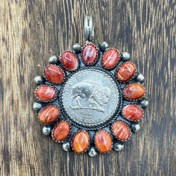 Native City Jewelry - Wholesale Individual Charm/Pendant - Navajo Handmade Sterling Silver Red Spiny Oyster Cluster Buffalo Coin Pendant