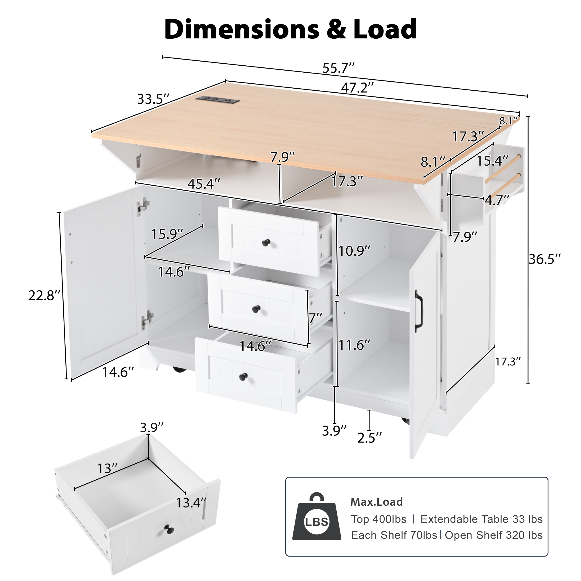 HOMYCASA DESIGN INC - Vente Rangements/organisateurs de cuisine - Îlot de cuisine avec rangement et plan de travail rabattable4