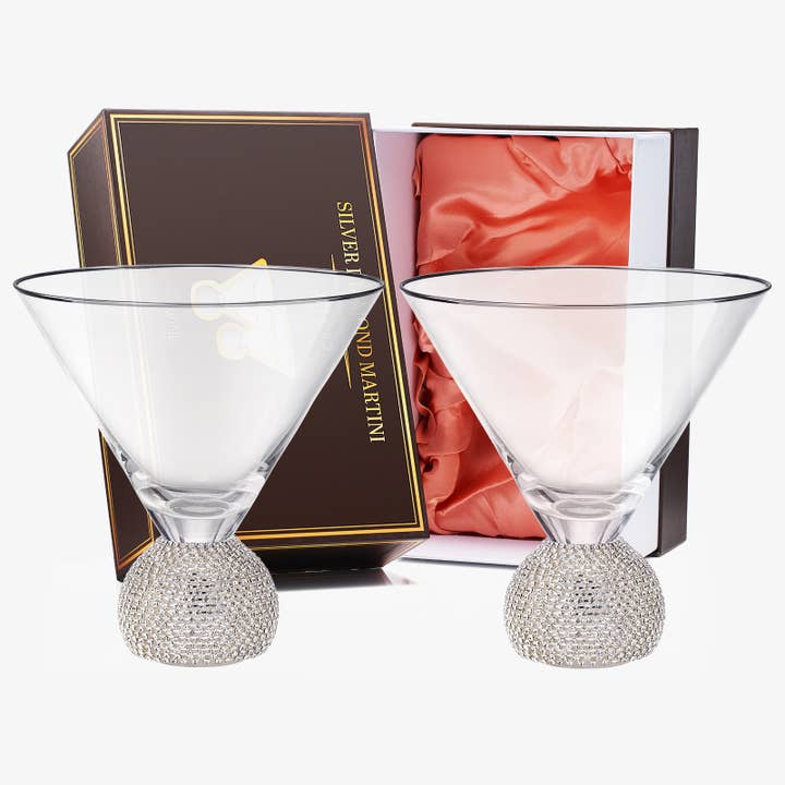 The Wine Savant / Khen Glassware - Wholesale Cocktail/Liquor Glass - Diamond Crystal Silver Stemless Martini Glasses | 10.5 OZ