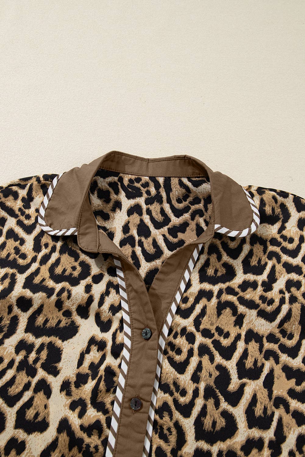 Brown Leopard Collared 3/4 Sleeve Shirt and Pants Set for wholesale on Faire2