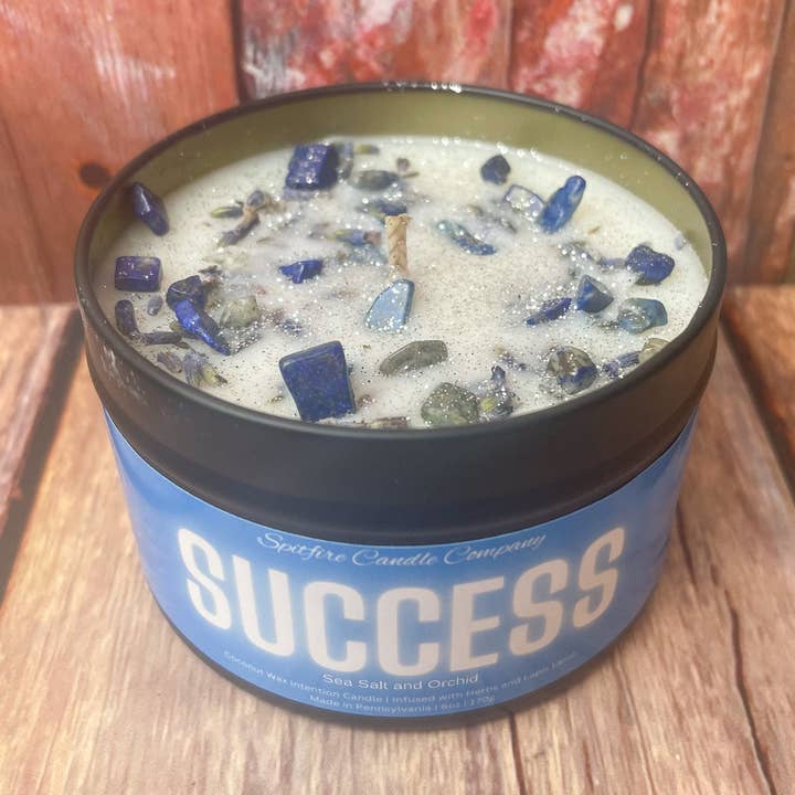 Sea Salt and Orchid - Intention Candle - Infused with Herbs and Blue Lapis Lazuli - Coconut Wax Candle - Crystal Candle - Success for wholesale by Spitfire Candle Company