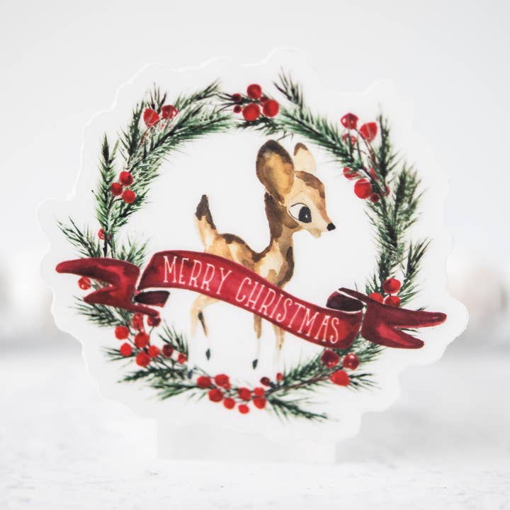 Vrolijk kerstfeest, krans herten doorzichtige vinylsticker 3x3 in. voor wholesale door Savannah and James Co