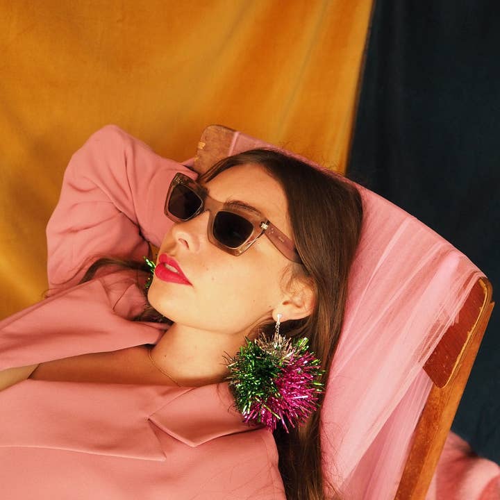 Fat Pom Poms - Wholesale Dangle Earrings - Green, Pink & Silver Tinsel Pom Pom Earrings - Pom Poms - Christmas Fall Jewelry4