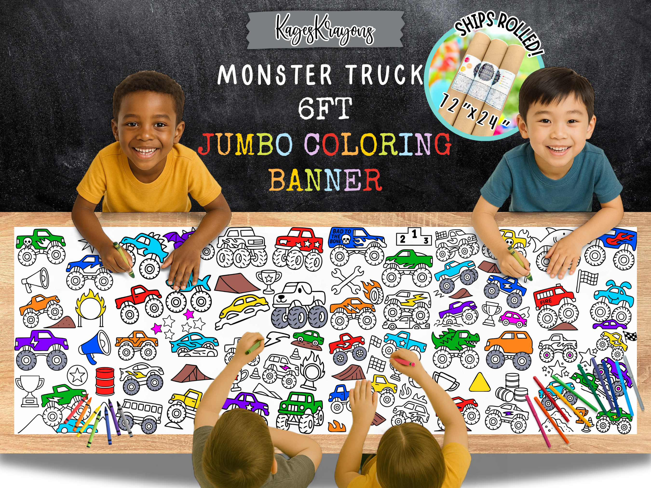 KagesKrayons – wholesale Färgläggningsduk - Barn och baby – 6 fot monstertruck färgläggningssida banner - bordsduk0