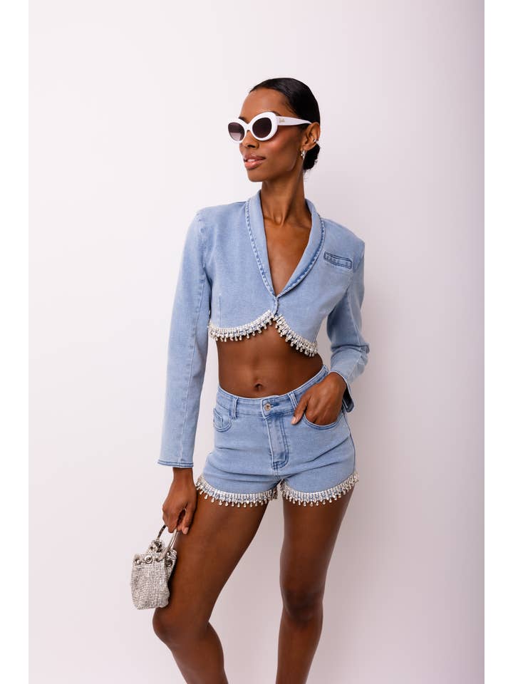 Blau Bae Stretch-Jeansshorts mit Strassverzierung für den Großhandel auf Faire3