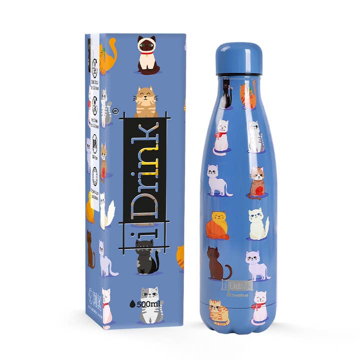 Bouteille isotherme 500 ml motif chats bleus pour la vente par I-Total, I-Drink