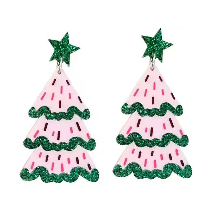 Cute Pair of Pink Christmas Tree Earrings with Glitter for wholesale by Purple Myrtle