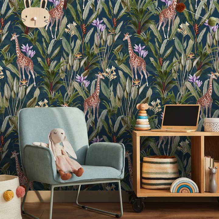 Giraffe Jungle Kinderkamer Behang, Safari Dieren Wandmuurschildering voor wholesale door SimurgWallArts