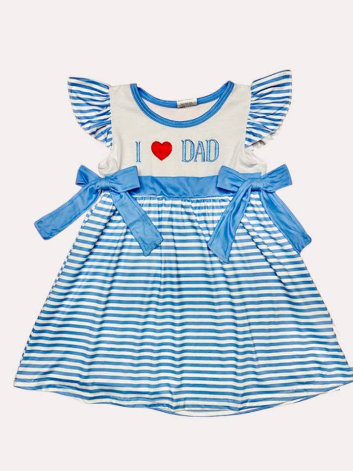 I love DAD embroidery blue striped ruffle sleeve girls dress for wholesale by luluclothes