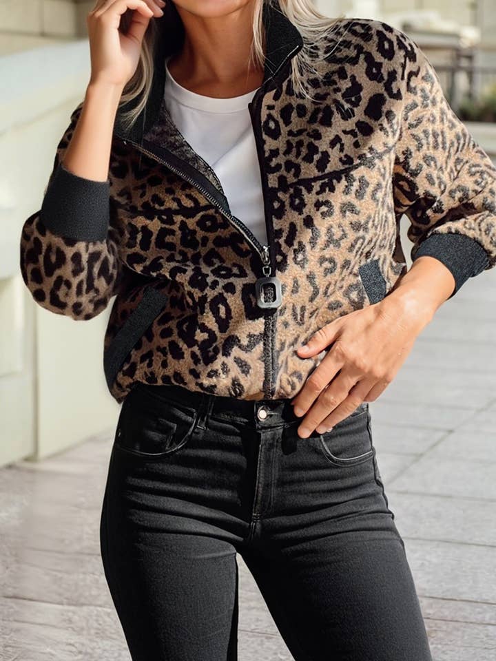 Leopard Print Zip Up Stand Neck Side Pocket Jacket for wholesale by 1 the Woman