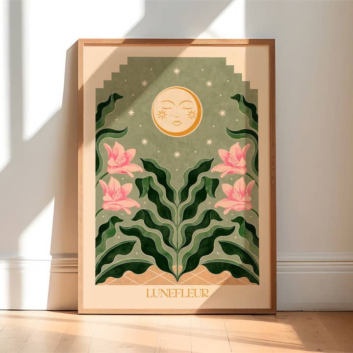 ‘Lunefleur’ (Green) Bohemian Celestial Floral Moon Art Print for wholesale by Nïma Nïma Studio