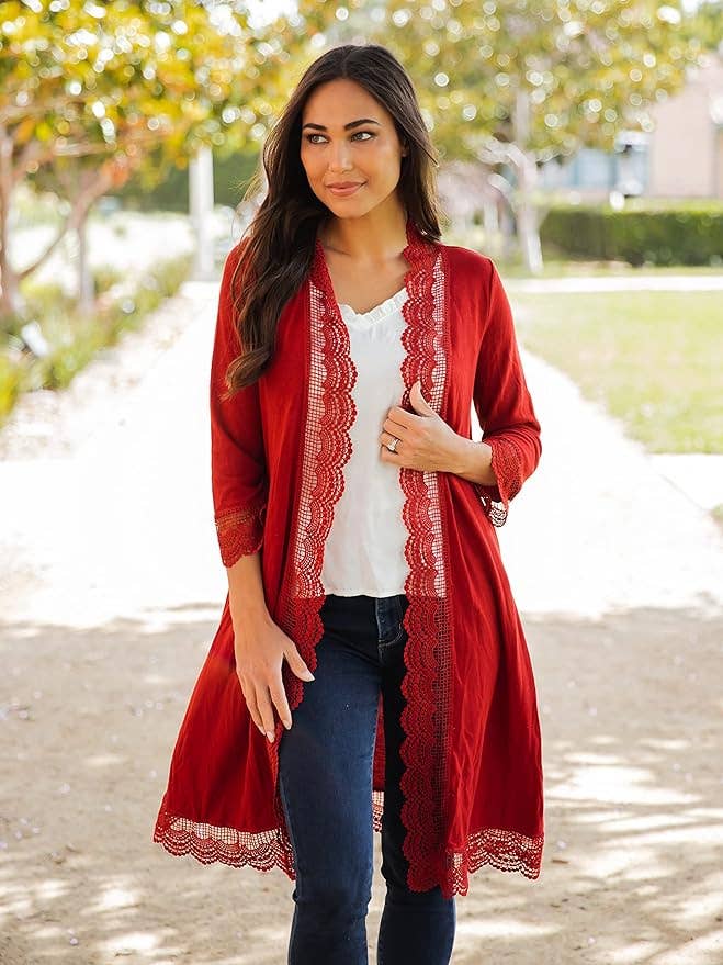 Tickled Teal - Wholesale Cardigan - Women's - 3/4 Sleeve Lace Trim Cardigan19