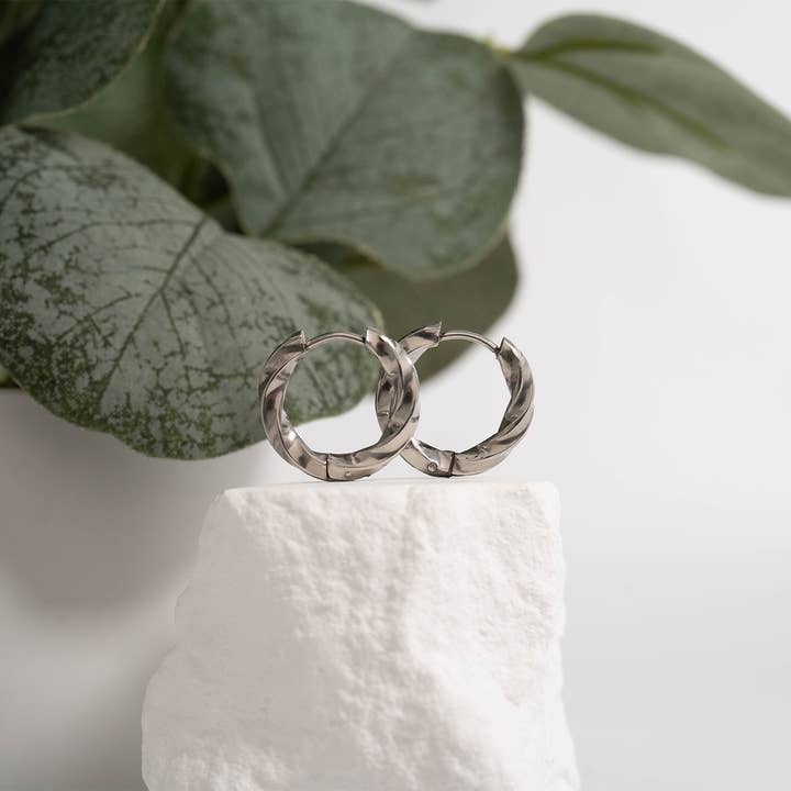 WJW - Wholesale Huggie Earrings - 18K Gold PVD Stainless Steel Textured Twisted Huggie Hoop Earrings / ERJ0026