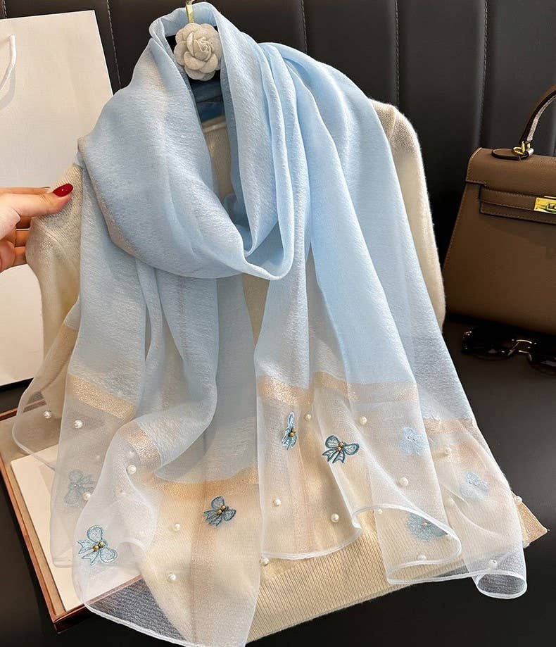 PEACH ACCESSORIES – wholesale Scarf – Women's – Silk Scarf with Embroidered Bows & Pearls3
