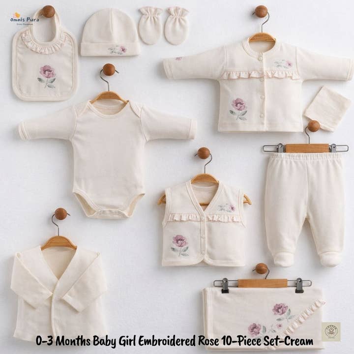 0-3 Months Baby Girl Embroidered Rose 10-Piece Set for wholesale by Omnis Pura