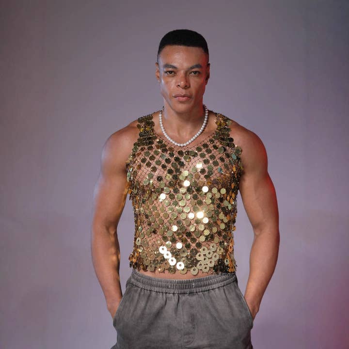 Men's Mesh Rhinestone Vest For Nightclub Party for wholesale by Plush Looks