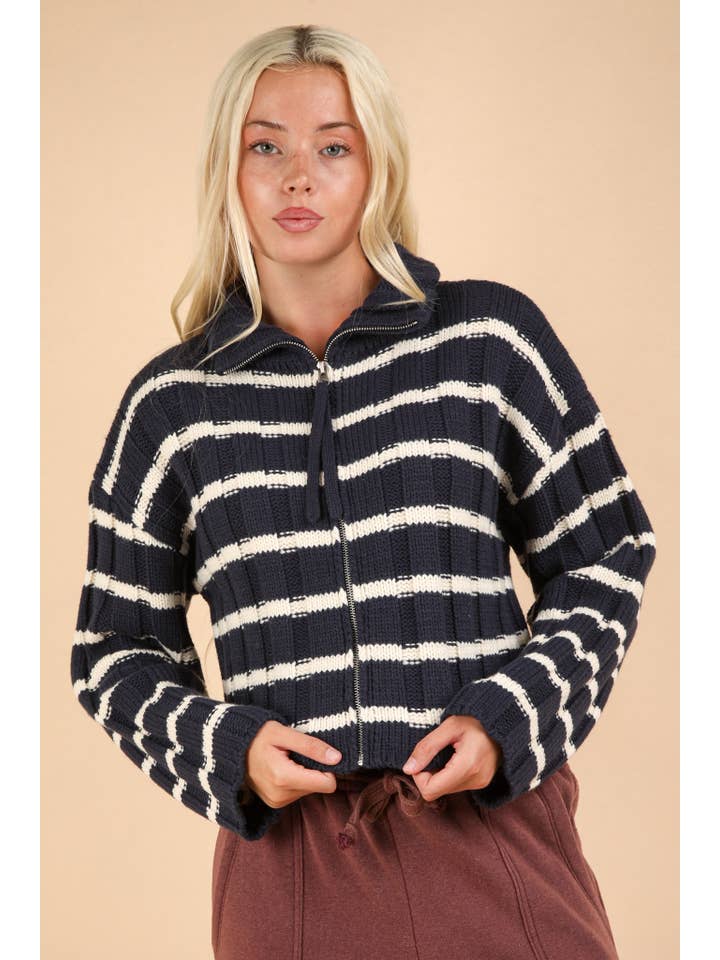 VERY J - Wholesale Cardigan - Women's - 12W3212N-Mock Neck Zipper Stripe Knit Sweater Cardigan