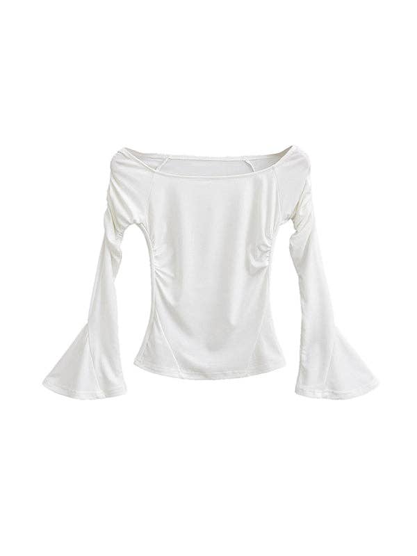 UZ Wholesale Store – Engroshandel Strikket top - Dame – Plisserede ensfarvede blussede ærmer Lange ærmer Bådhals T-