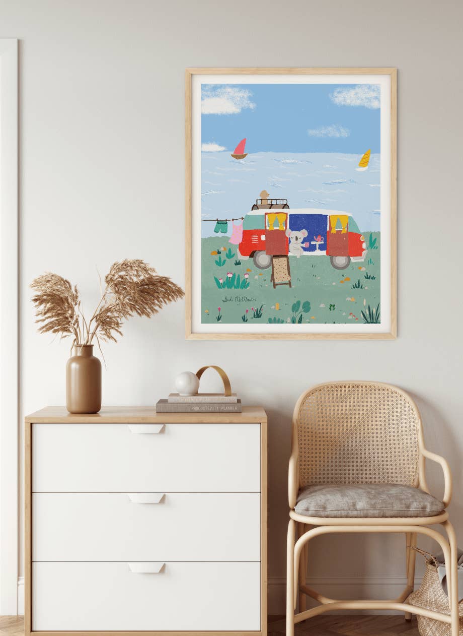 Suki McMaster - Wholesale Art print - Australian Animal Wall Art Print - Koala and Kombi by Suki McMaster