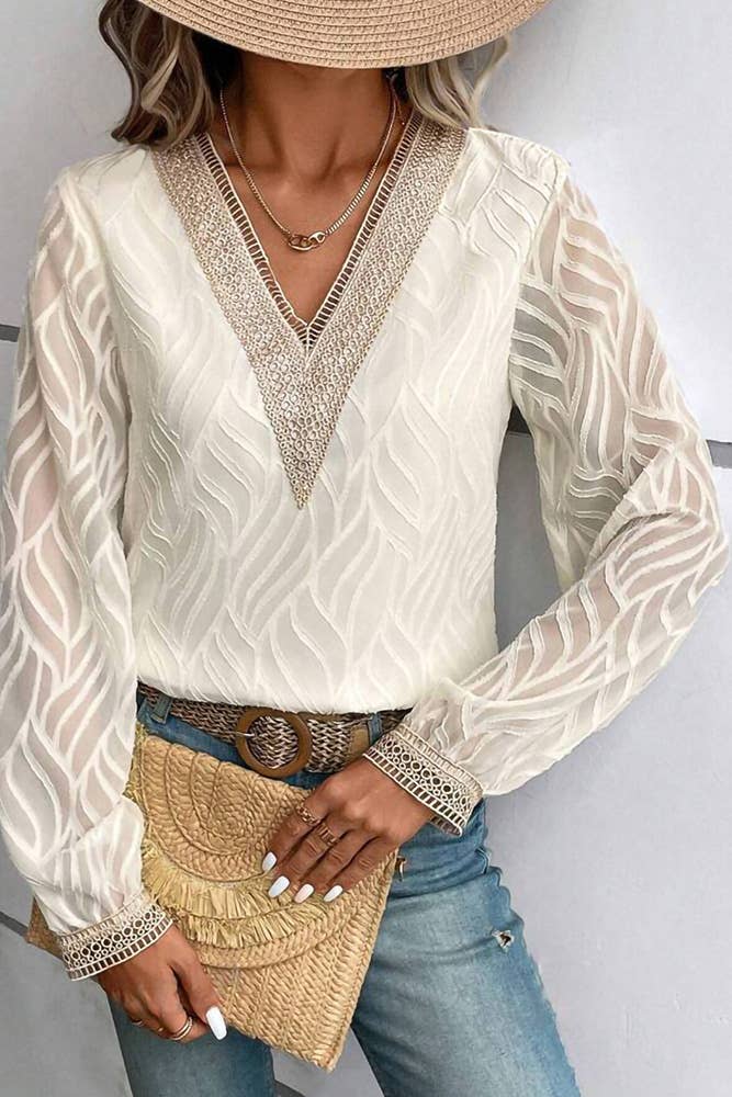 UNISHE - Vente Chemisier – femme - Top en mousseline à manches longues et col en V en dentelle GSS1152