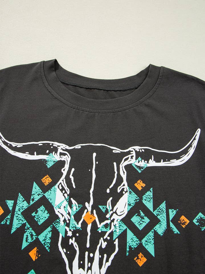 Carbon Grey Vintage Western Bull Head Skull Turquoise Aztec Graphic T Shirt for wholesale on Faire