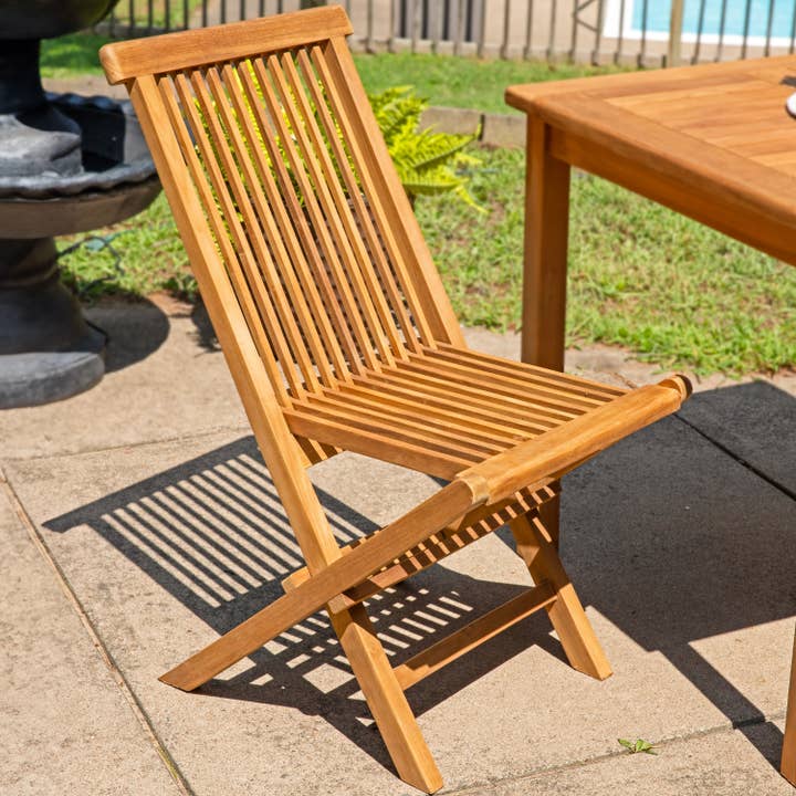 Hyannis Solid Teak Wood Folding Slat-Back Patio Chair for wholesale by Sunnydaze Decor