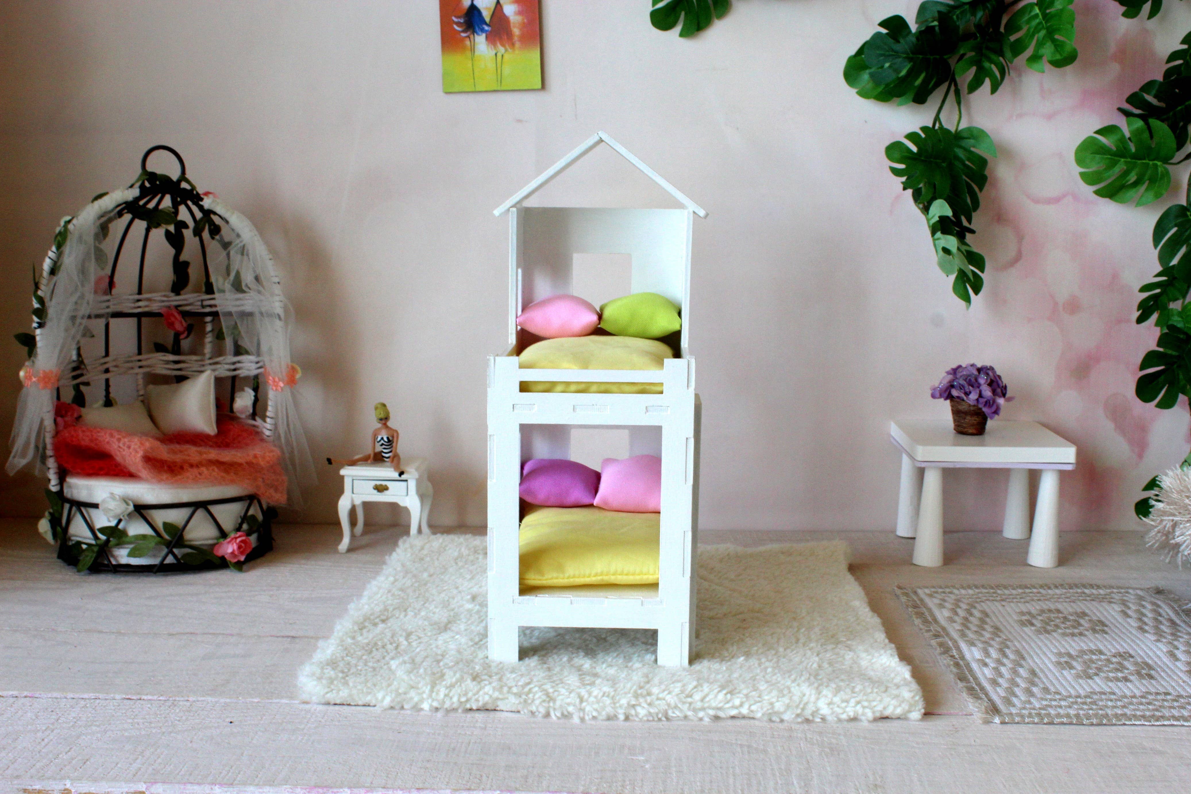 Lenasminiland – Kit de acessórios de boneca - Crianças por atacado – Beliche em miniatura, móveis de casa de bonecas em escala 1/12. Woo branco10