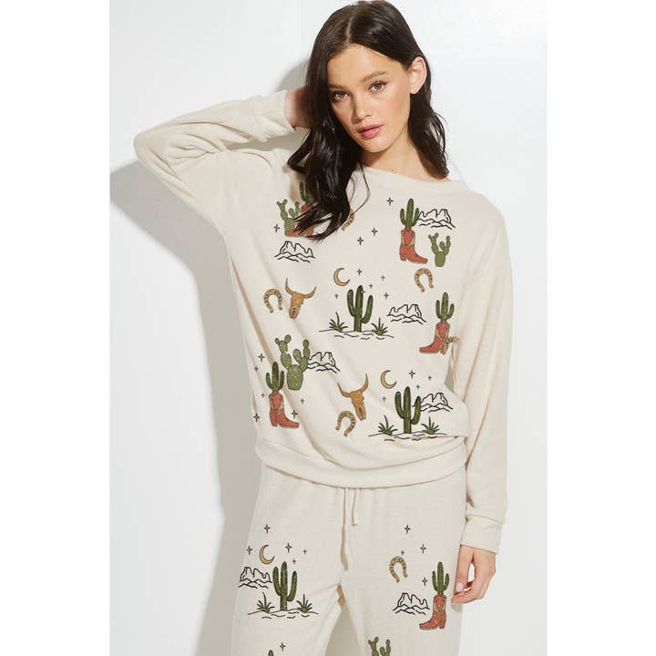 Western cactus print soft brushed loungewear set for wholesale by Phil Love
