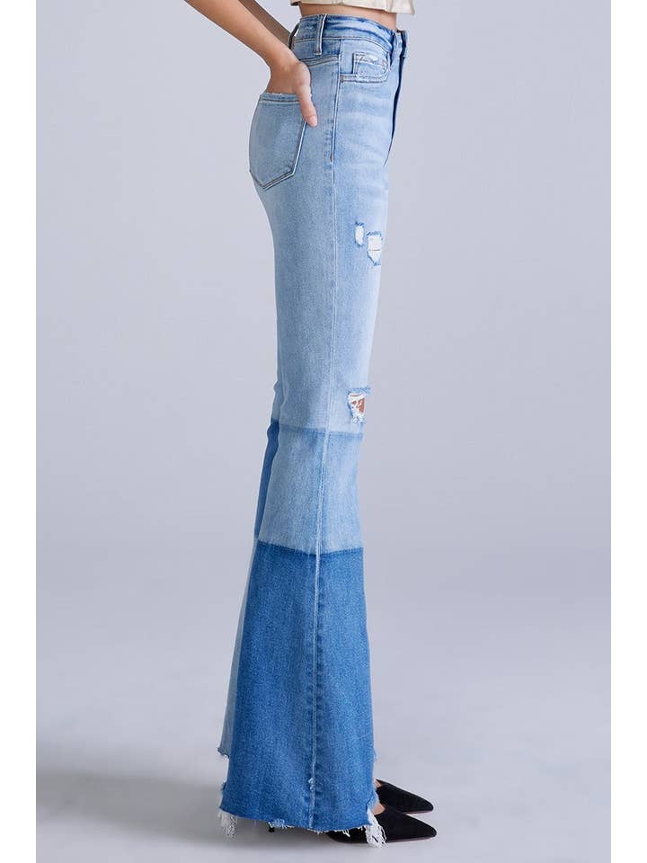 Blå Kvinders lys højhuset farve blok Panel Flare Denim Jean for engroshandel på Faire2