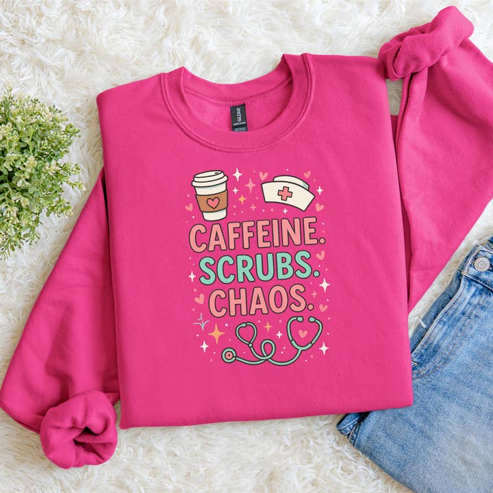 Heliconia Caffeine Scrubs Chaos Sweatshirt – Cozy Nurse & Healthcare Worker Crewneck for wholesale on Faire0