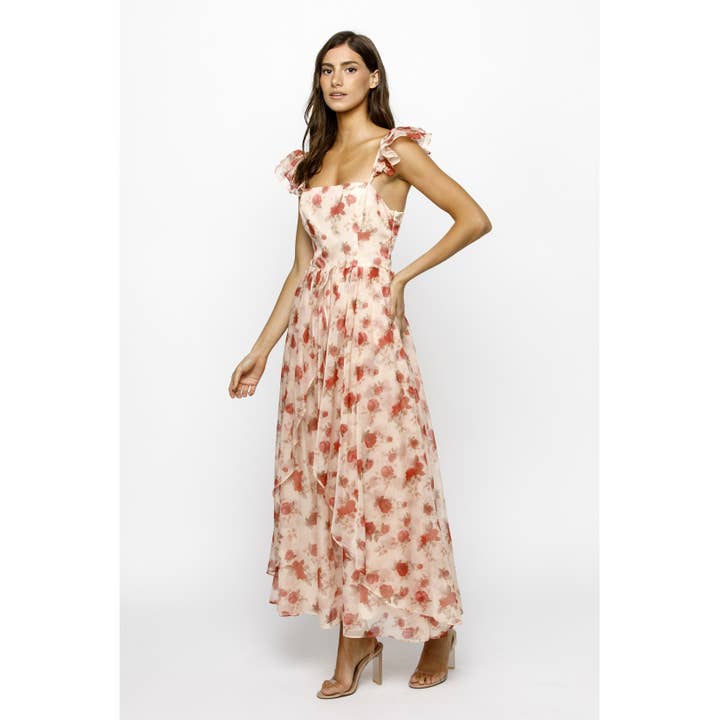 BLUSH RED FL JD6357-1- PINK FLORAL ASSYMETRIC MAXI DRESS for wholesale on Faire