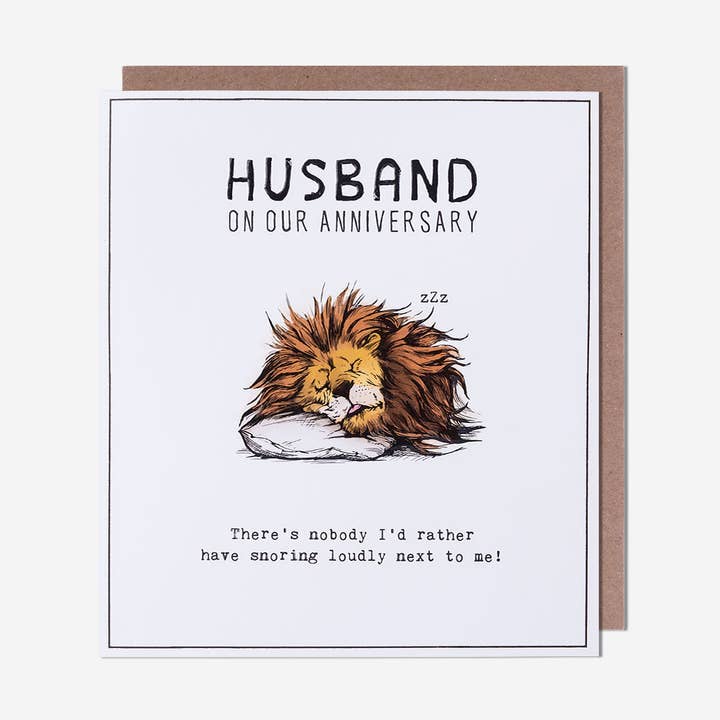 Lion Snoring Husband Anniversary Card for wholesale by Pigment Productions Ltd