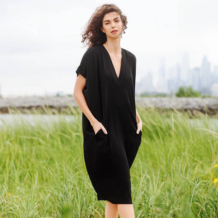 Clara Sunwoo - Wholesale Dress - Women's - DR45R - Textured Rayon - Empire Waist Caftan Pocket Dress