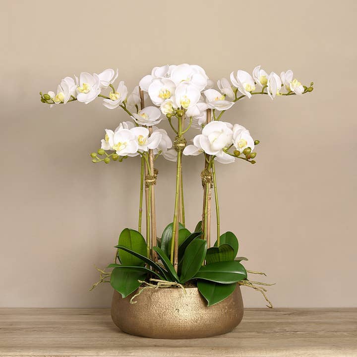 Vivian Rose LLC - Wholesale Artificial Flowers - Faux white orchid arrangement in matte gold planter