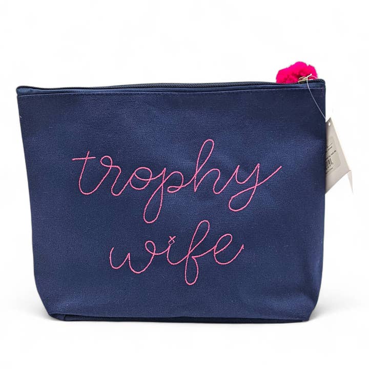 Canvas Makeup Pouch Navy Pink Embroidery Zipper Bag for wholesale by Crover