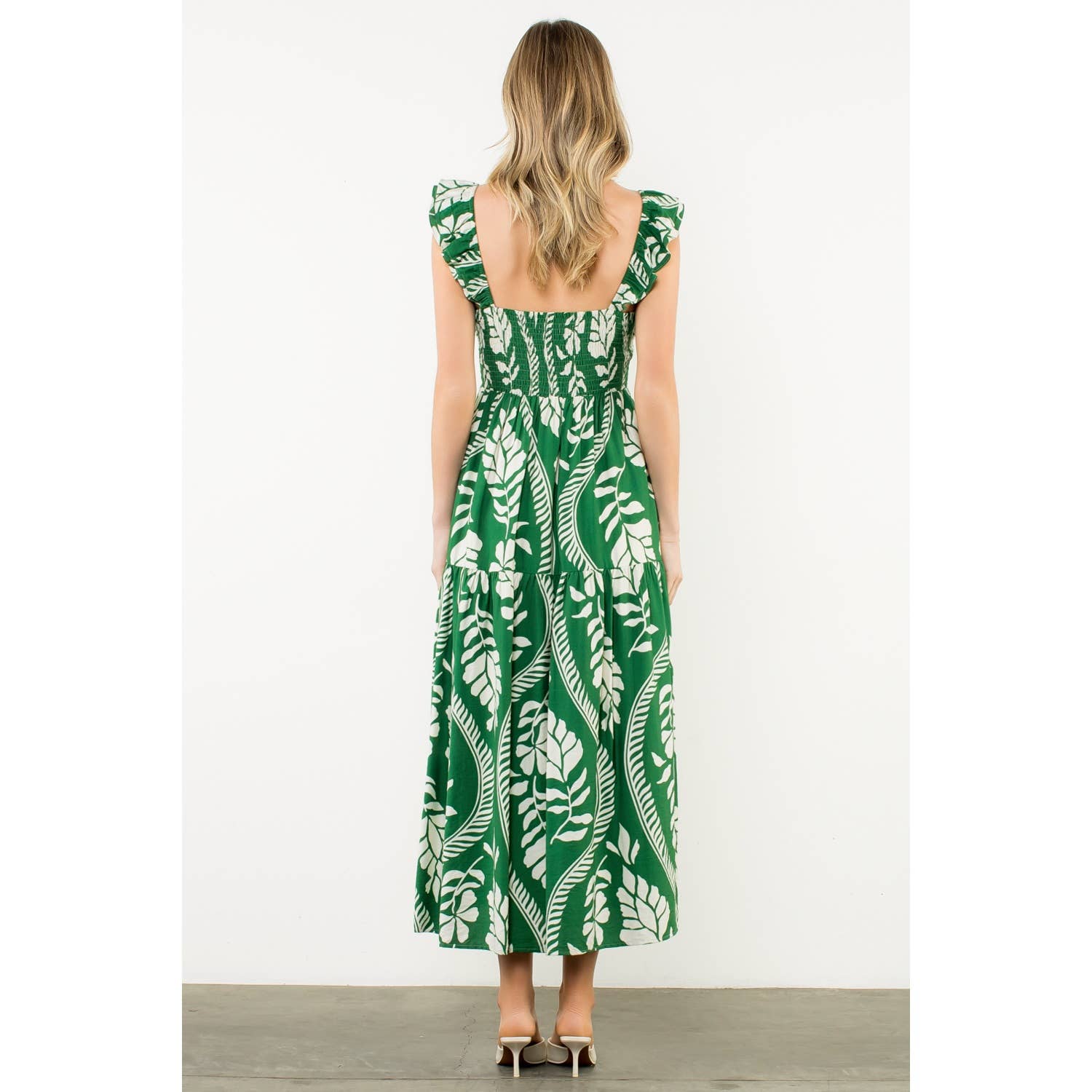 THML - Wholesale Dress - Women's - Flutter Sleeve Leaf Print Maxi Dress11