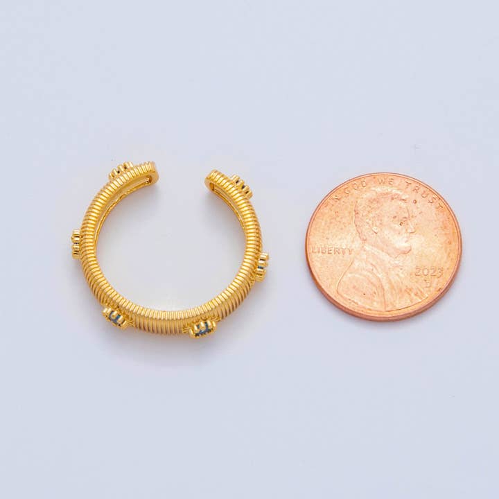 Aim Eternal - Wholesale Multi-Stone Ring - 18K Gold Filled Blue CZ Lined Ribbed Ring | O20292