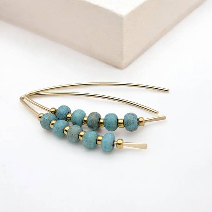 Handmade Gold Earrings with Unique Turquoise Gold Dust Beads for wholesale by Bijou by SAM